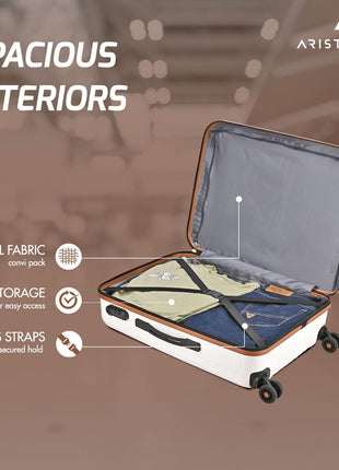 Aristocrat Atlas Check-in Trolley Bag 66cm | Medium | Hard Luggage | Smooth 8-Wheel Suitcase | Secure Combination Lock with Sturdy Zipper | Full Fabric Convipack | 3-Year Warranty (Pearl White) 