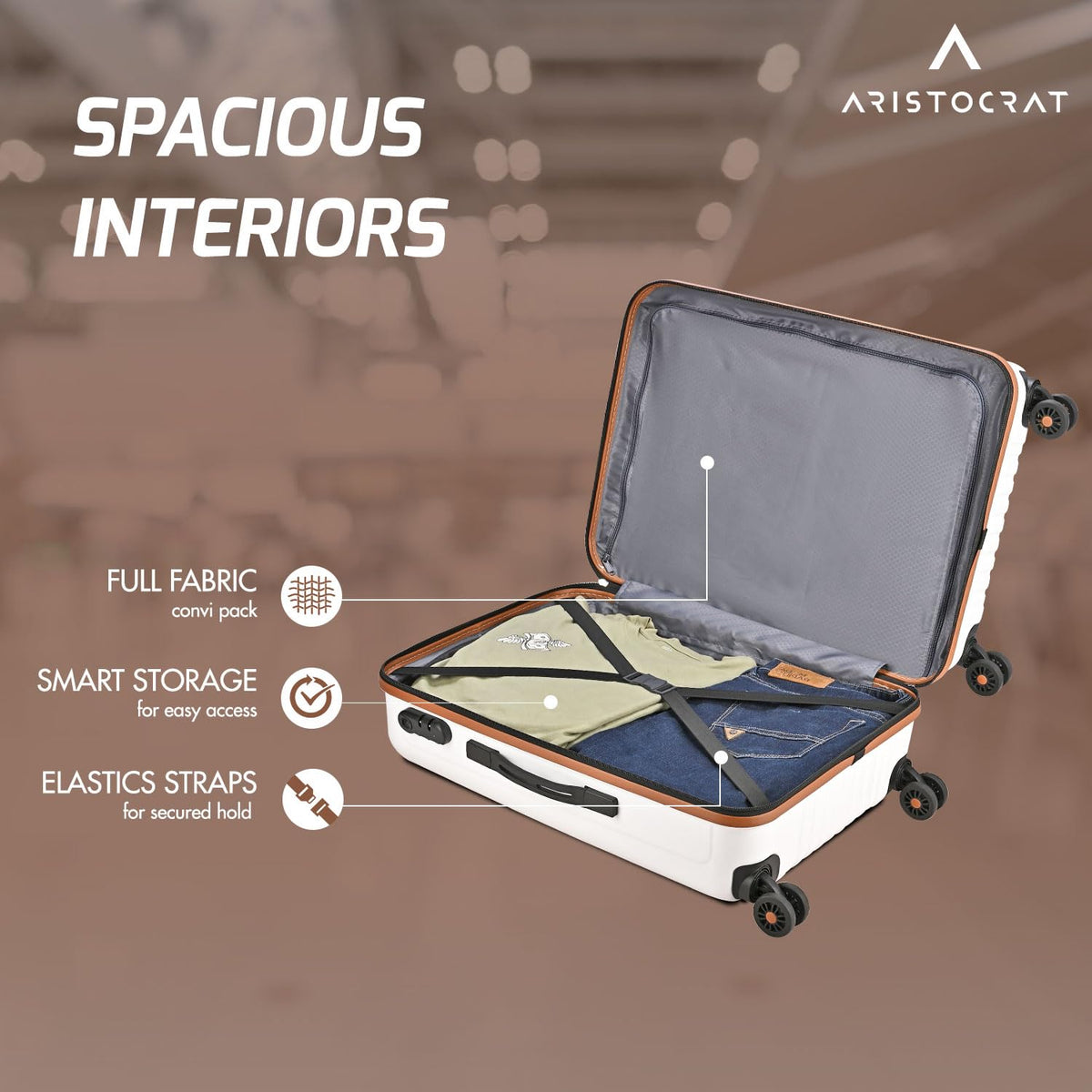 Aristocrat Atlas Check-in Trolley Bag 66cm | Medium | Hard Luggage | Smooth 8-Wheel Suitcase | Secure Combination Lock with Sturdy Zipper | Full Fabric Convipack | 3-Year Warranty (Pearl White) 