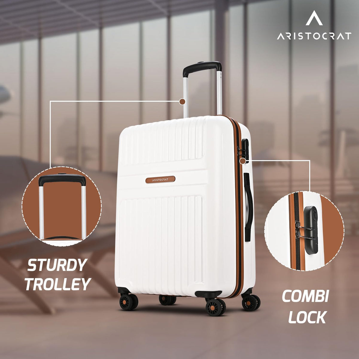 Aristocrat Atlas Check-in Trolley Bag 66cm | Medium | Hard Luggage | Smooth 8-Wheel Suitcase | Secure Combination Lock with Sturdy Zipper | Full Fabric Convipack | 3-Year Warranty (Pearl White) 