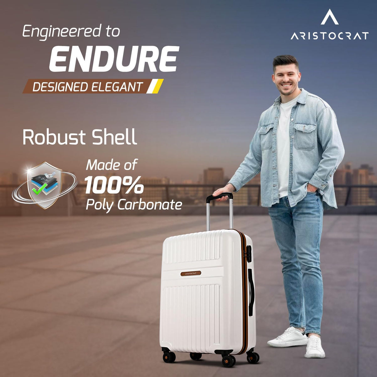 Aristocrat Atlas Check-in Trolley Bag 66cm | Medium | Hard Luggage | Smooth 8-Wheel Suitcase | Secure Combination Lock with Sturdy Zipper | Full Fabric Convipack | 3-Year Warranty (Pearl White) 