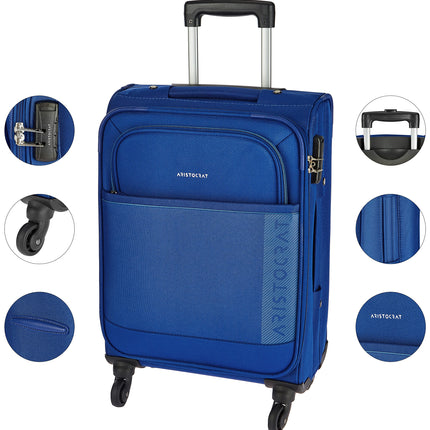 Aristocrat Baleno 58 Cms Polyester Soft Sided Cabin Sise 4 Spinner Wheels Trolley Bag - Blue 