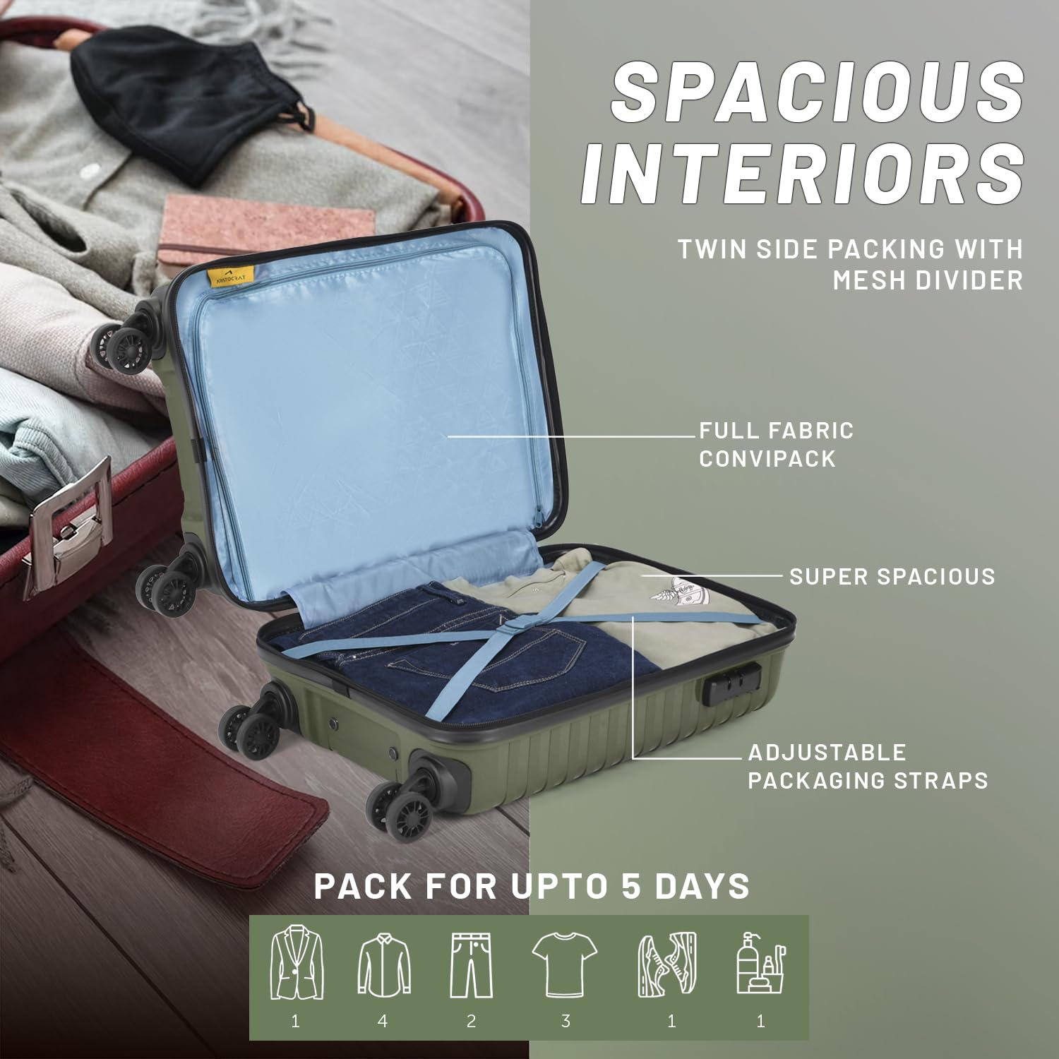 Aristocrat Cabin Polypropylene (PP) Airpro 55 Cm(Small) 8 Wheels Trolley Bags for Travel Hard Case Luggage,Lightweight Bag with Combination Lock & Robust Spinner Trolley with 7 Years Warranty (Green) 
