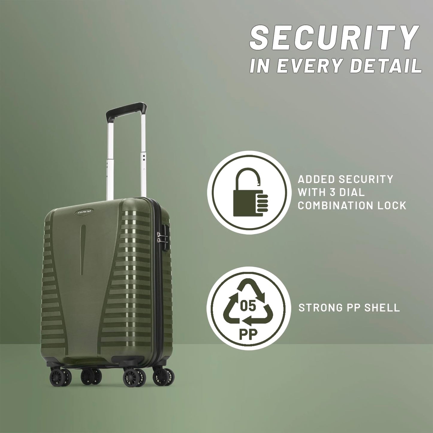 Aristocrat Cabin Polypropylene (PP) Airpro 55 Cm(Small) 8 Wheels Trolley Bags for Travel Hard Case Luggage,Lightweight Bag with Combination Lock & Robust Spinner Trolley with 7 Years Warranty (Green) 