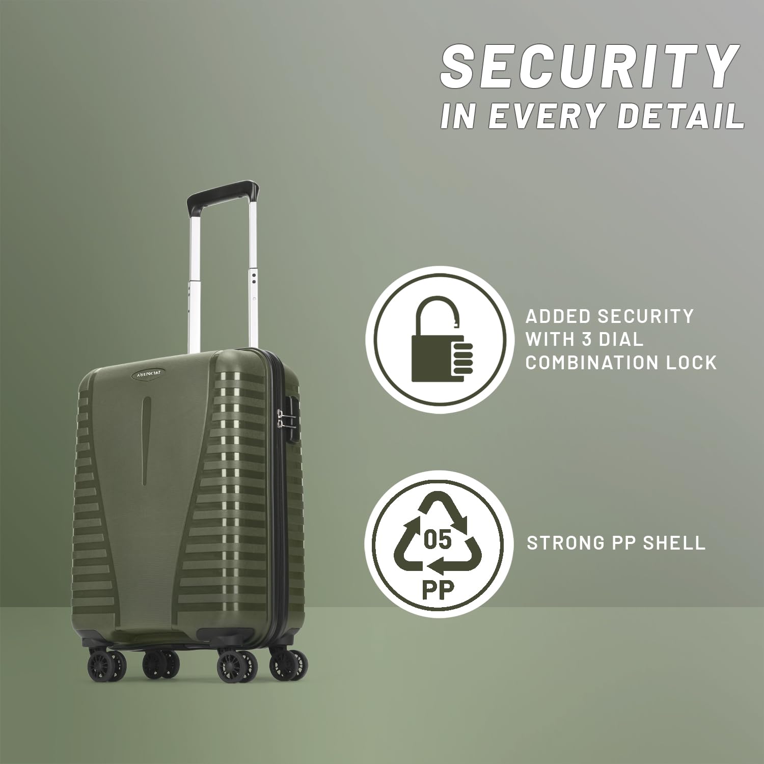 Aristocrat Cabin Polypropylene (PP) Airpro 55 Cm(Small) 8 Wheels Trolley Bags for Travel Hard Case Luggage,Lightweight Bag with Combination Lock & Robust Spinner Trolley with 7 Years Warranty (Green) 