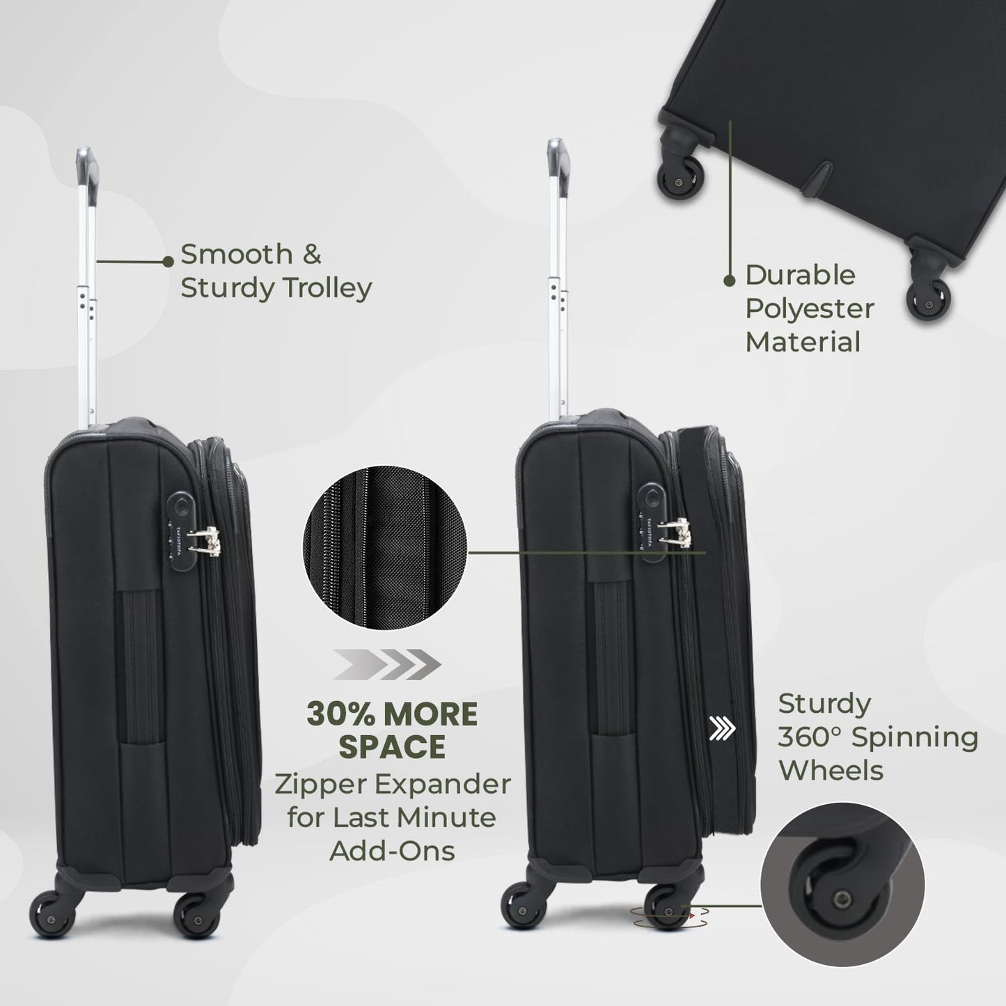 Aristocrat Commander 55Cms Premium Polyester with PVC Coating Softshell Sided Cabin Size 4 Wheels Small Black Inline Suitcase, Medium 