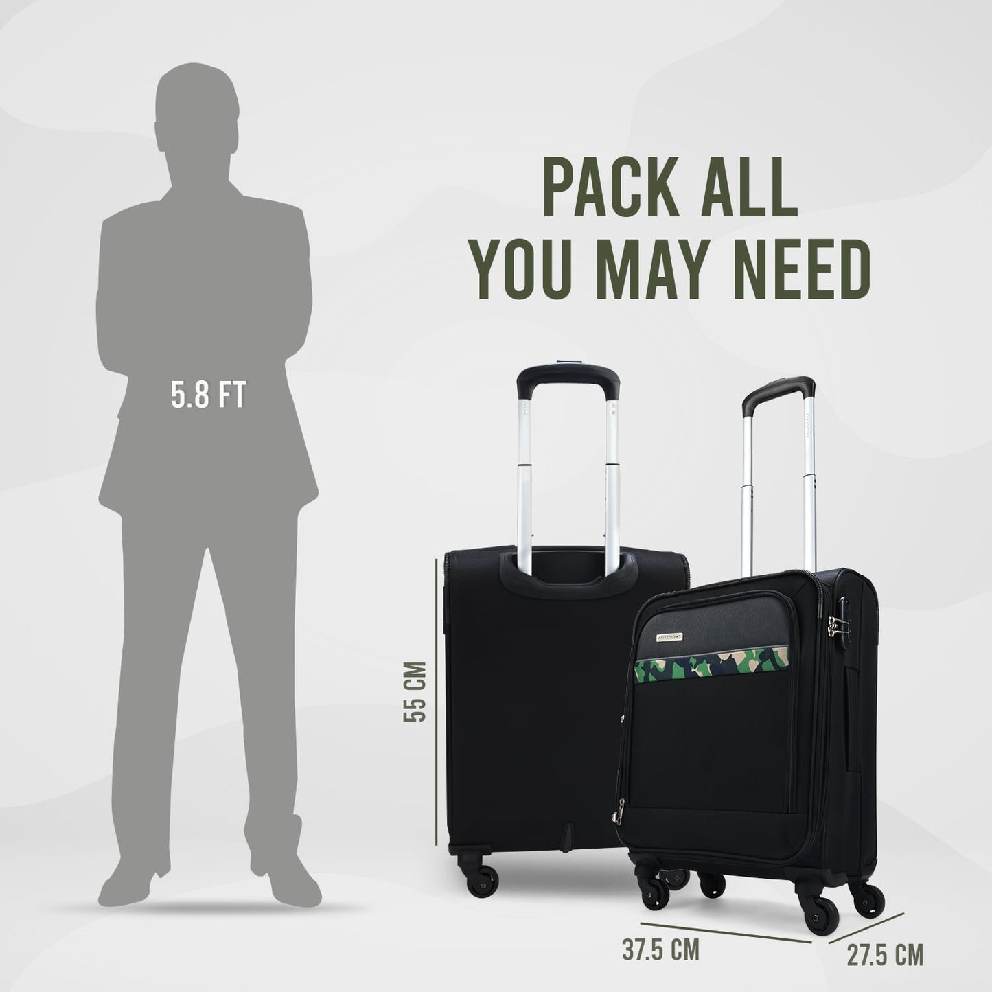 Aristocrat Commander 55Cms Premium Polyester with PVC Coating Softshell Sided Cabin Size 4 Wheels Small Black Inline Suitcase, Medium 