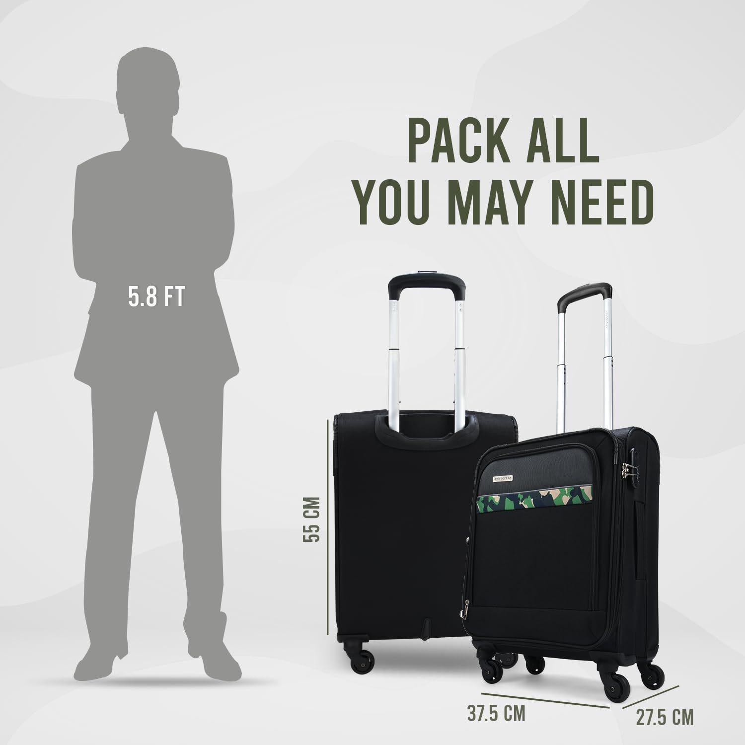 Aristocrat Commander 55Cms Premium Polyester with PVC Coating Softshell Sided Cabin Size 4 Wheels Small Black Inline Suitcase, Medium 