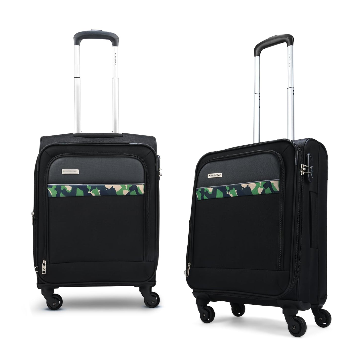 Aristocrat Commander 55Cms Premium Polyester with PVC Coating Softshell Sided Cabin Size 4 Wheels Small Black Inline Suitcase, Medium 