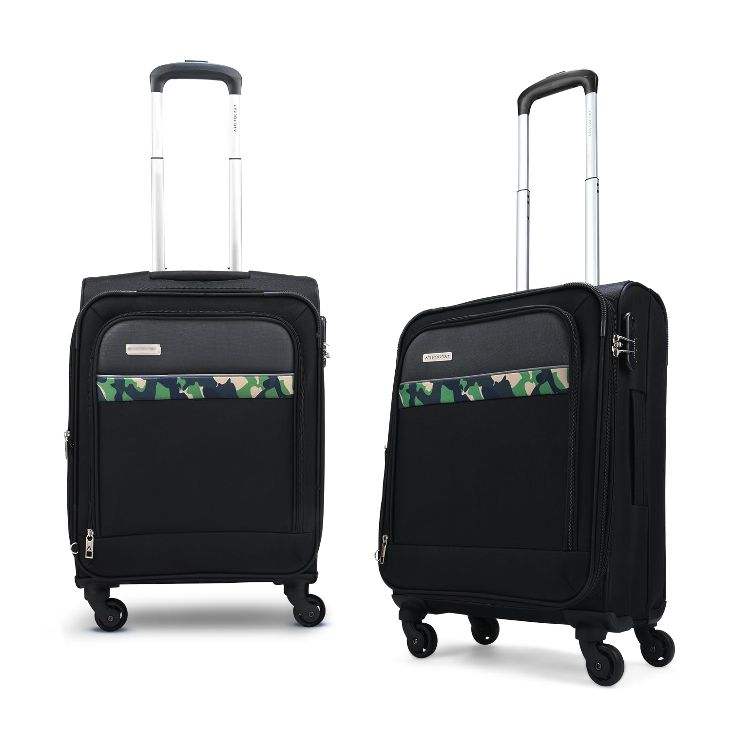Aristocrat Commander 55Cms Premium Polyester with PVC Coating Softshell Sided Cabin Size 4 Wheels Small Black Inline Suitcase, Medium 