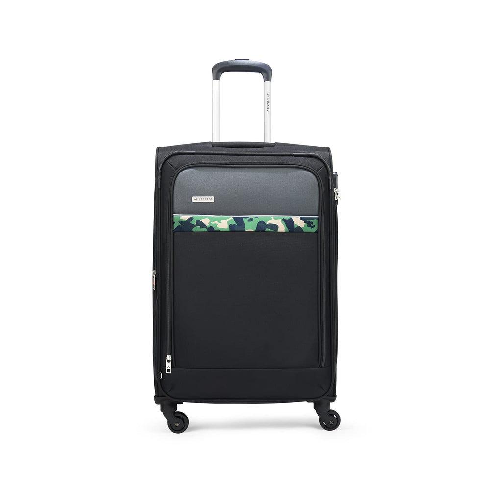 Aristocrat Commander 69Cms Premium Polyester with PVC Coating Soft Sided Check-in 4 Spinner Wheels Medium Black Suitcase