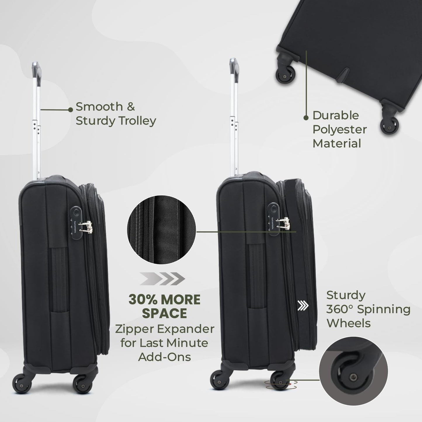 Aristocrat Commander 69Cms Premium Polyester with PVC Coating Soft Sided Check-in 4 Spinner Wheels Medium Black Suitcase 