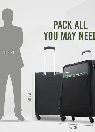 Aristocrat Commander 69Cms Premium Polyester with PVC Coating Soft Sided Check-in 4 Spinner Wheels Medium Black Suitcase 