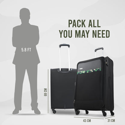 Aristocrat Commander 69Cms Premium Polyester with PVC Coating Soft Sided Check-in 4 Spinner Wheels Medium Black Suitcase 