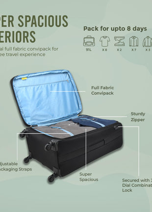 Aristocrat Commander 69Cms Premium Polyester with PVC Coating Soft Sided Check-in 4 Spinner Wheels Medium Black Suitcase 