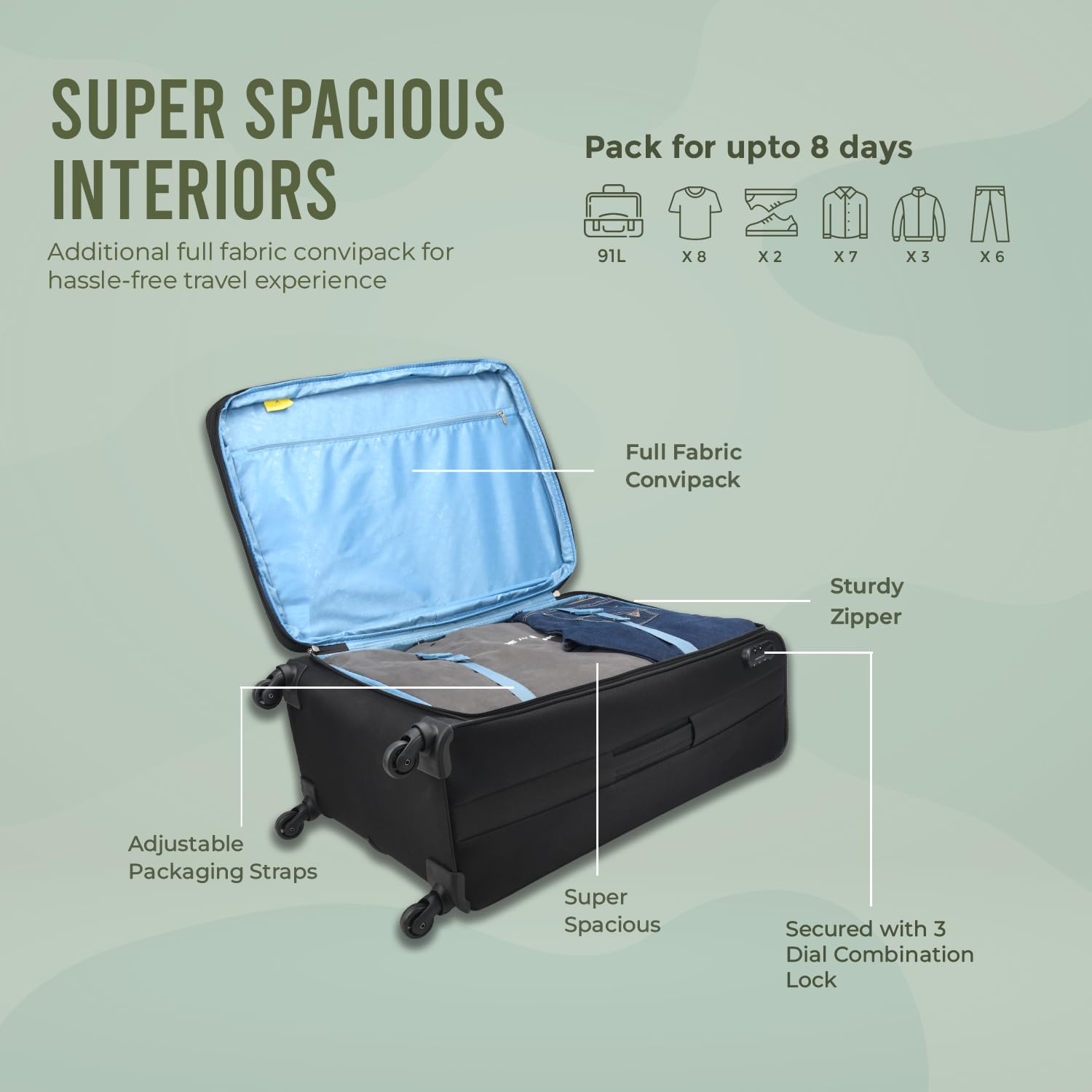 Aristocrat Commander 69Cms Premium Polyester with PVC Coating Soft Sided Check-in 4 Spinner Wheels Medium Black Suitcase 