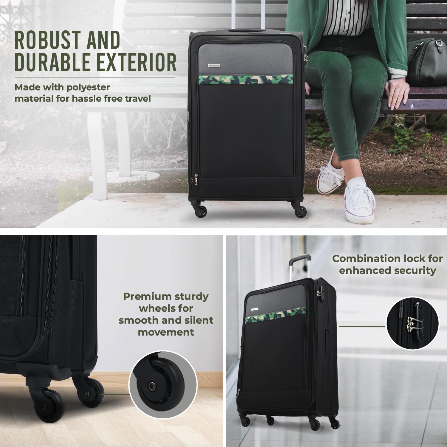 Aristocrat Commander 79Cms Premium Polyester with PVC Coating Soft Sided Check-in 4 Wheels Large Black Spinner Suitcase 