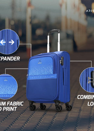 Aristocrat Drift Cabin Expander Trolley Bag 55cm | Small | Soft Luggage | Smooth 8-Wheel Suitcase | Secure Combination Lock with Sturdy Zipper | Robust Construction | 5-Year Warranty (Blue) 