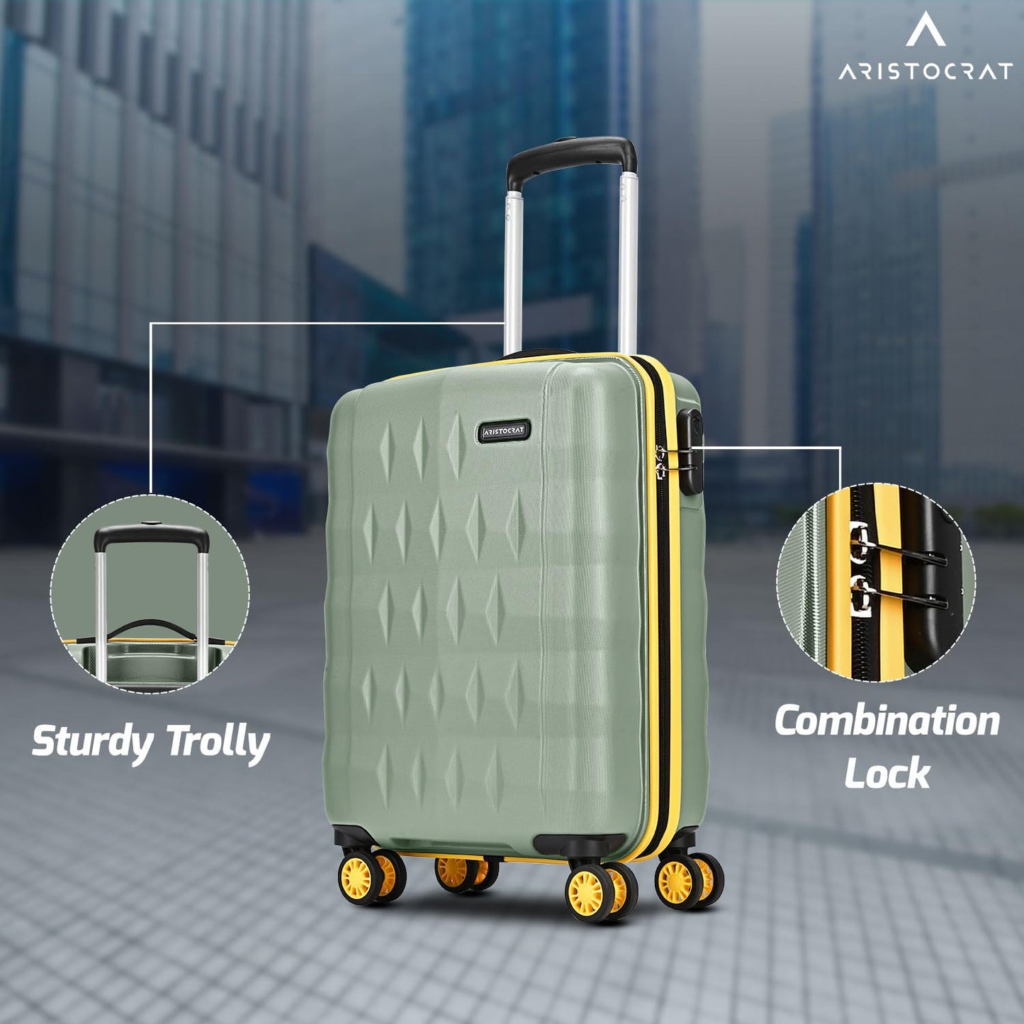 Aristocrat Polycarbonate Spinner Comet Cabin Trolley Bag 56cm|Small|Hard Luggage| Smooth 8-Wheel Suitcase|Combination Lock with Sturdy Zipper|Full Fabric Convipack|3-Year International Warranty(Green) 