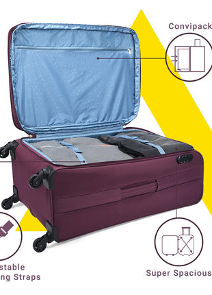 Aristocrat Skyway Large Size Soft Check in Luggage (79 cm) | Spacious Polyester Trolley with 4 Wheels and Combination Lock | Dazzling Maroon | Unisex| 5 Year Warranty 