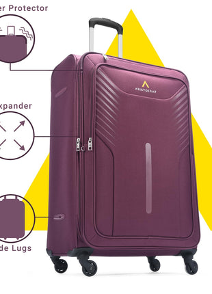 Aristocrat Skyway Large Size Soft Check in Luggage (79 cm) | Spacious Polyester Trolley with 4 Wheels and Combination Lock | Dazzling Maroon | Unisex| 5 Year Warranty 