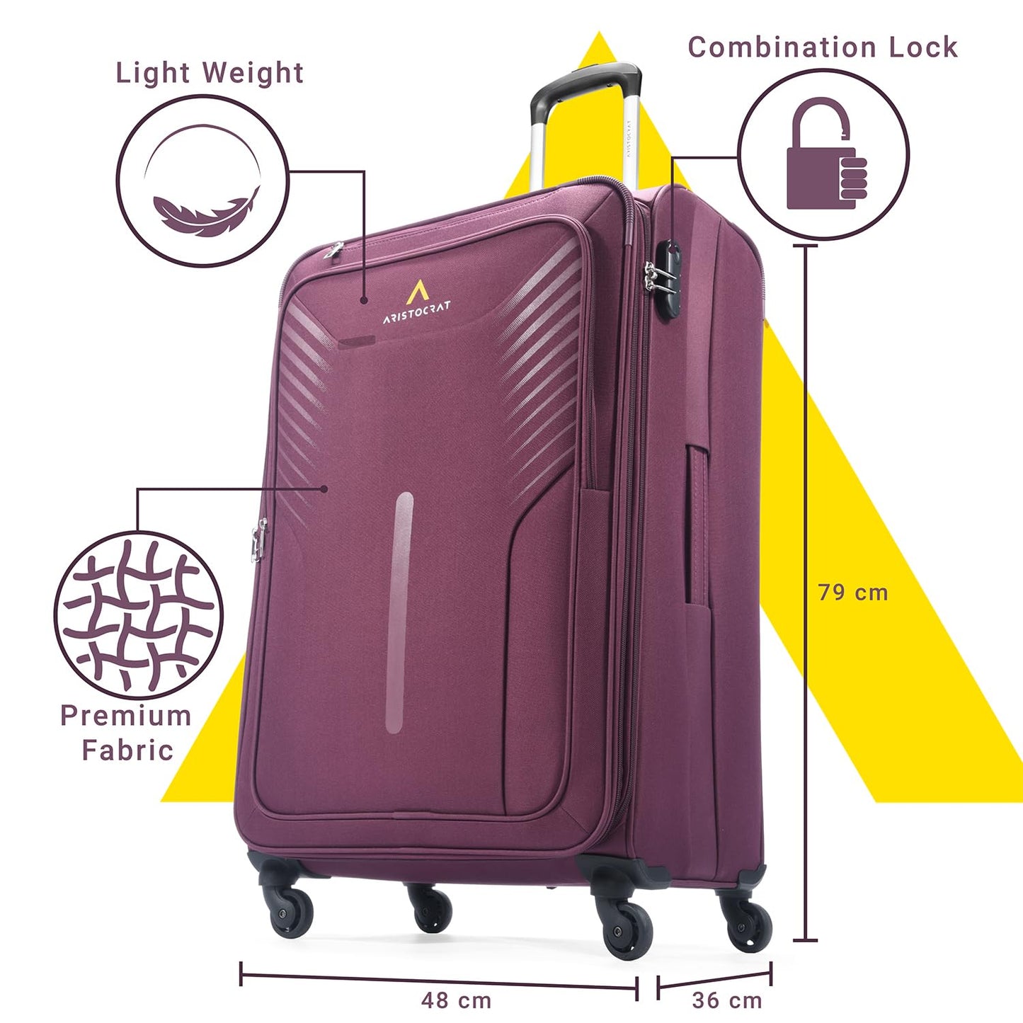 Aristocrat Skyway Large Size Soft Check in Luggage (79 cm) | Spacious Polyester Trolley with 4 Wheels and Combination Lock | Dazzling Maroon | Unisex| 5 Year Warranty 