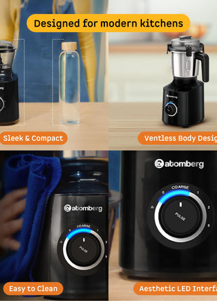 Atomberg Zenova Mixer Grinder | Unique Coarse Mode for Silbatta-like Texture | Intelligent BLDC Motor | Safety Features | 4 Jars including Chopper | Hands-Free Operation (Black) 