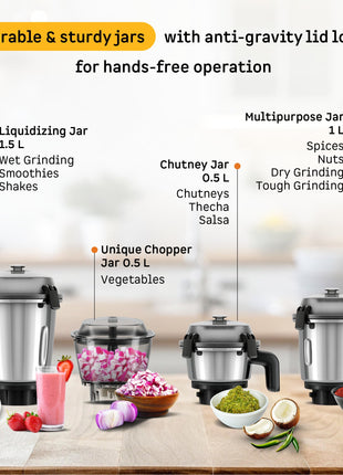Atomberg Zenova Mixer Grinder | Unique Coarse Mode for Silbatta-like Texture | Intelligent BLDC Motor | Safety Features | 4 Jars including Chopper | Hands-Free Operation (Black) 