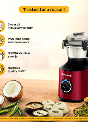 Atomberg Zenova Mixer Grinder | Unique Coarse Mode for Silbatta-like Texture | Intelligent BLDC Motor | Safety Features | 4 Jars including Chopper | Hands-Free Operation (Red Wine) 