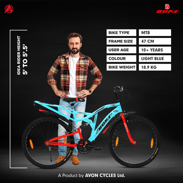 Avon Buke Draco 26T MTB Bicycles for Men |Frame Size: 18.5 Inches|Wheel Size: 26 Inches|Short Bent Handle Bars|Rigid Fork with Caliper Break with Centre Frame/Steel Rim(Matt Glossy Sky Blue) 