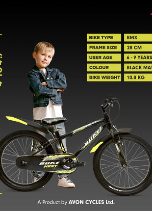 Avon Buke Nest 20T BMX Cycle for Boys, Bicycle Bike BMX, High-Tensile Steel| Ideal Cycle for BigKids|Rigid Fork|V Brake|Steel Rim, V 'Brake, 11 Inch Frame (Black Matt Gloss Finish) 