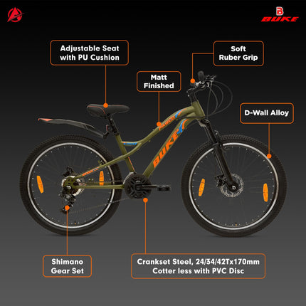 Avon Buke Pablo 26T MTB Bicycles for Men, 21 Shimano Gear |Steel Frame: 18" inch|Front Suspension|Disc Brake & Double Wall Alloy Rim/Short Bend/ (Matt Finish Army Green) 