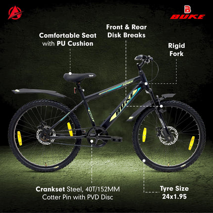 Avon Buke Spike 24T MTB Bicycles for Men|Tyre: 24 inches, Frame Size: 15.9'' Steel |Chainwheel with PVC Disc, Short Bend | Suspension Fork & Front & Rear Disc Break (Matt Black) 