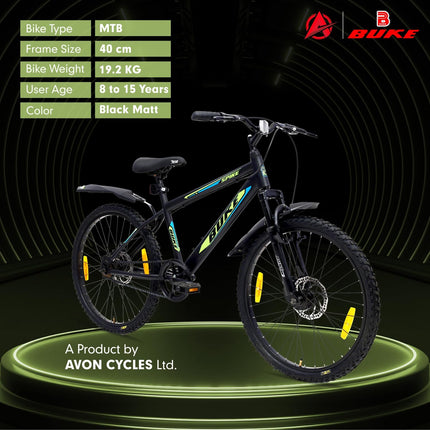 Avon Buke Spike 24T MTB Bicycles for Men|Tyre: 24 inches, Frame Size: 15.9'' Steel |Chainwheel with PVC Disc, Short Bend | Suspension Fork & Front & Rear Disc Break (Matt Black) 