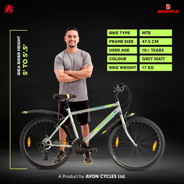 Avon Buke Spike Bicycle for Men, City Bike 26T with 21 Speed |Frame Size:c18.5 | Wheel Size:26" | Short Bend Handle bar | Rigid Fork with V 'Brakes | Chainwheel with PVC, Steel Rim(Matt Grey) 