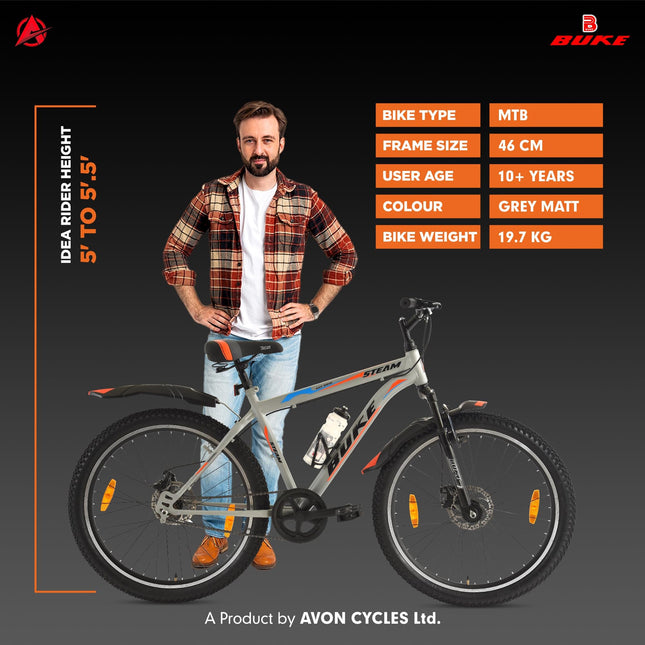 Avon Buke Steam Bicycles 26T MTB Cycle for Adults | Wheel Size: 26" Inch | High-Tensile Steel Frame 18 Inches | Rigid Suspension, DISC Brake/Short Bend and Steel Rim (Matt Gloss Finish Grey) 