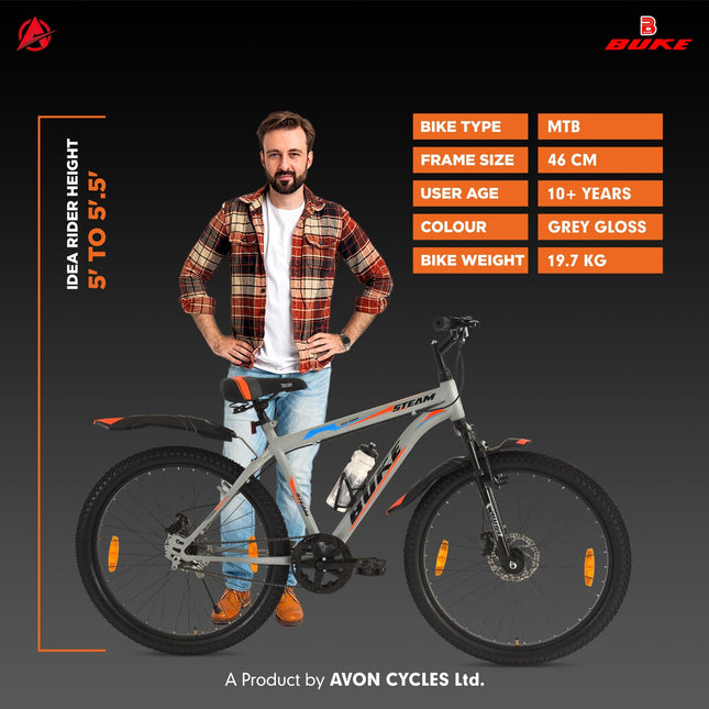 Avon Buke Steam Cycle for Men 26T MTB Adult Bicycle, Wheel Size: 26" Inch |Front High-Tensile Steel Frame 18 Inches | Suspension, Short Bend, Disc Brake and Double Wall Alloy (Matt Gloss Finish Grey) 