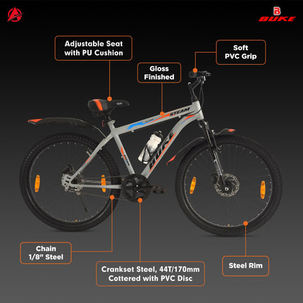 Avon Buke Steam Cycle for Men 26T MTB Adult Bicycle, Wheel Size: 26" Inch |Front High-Tensile Steel Frame 18 Inches | Suspension, Short Bend, Disc Brake and Double Wall Alloy (Matt Gloss Finish Grey) 