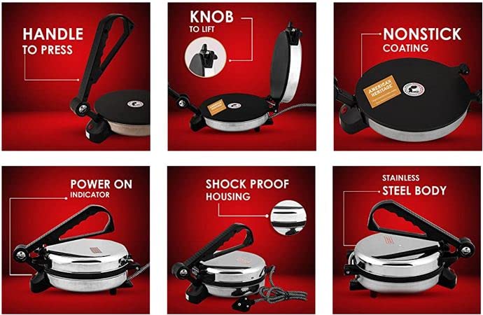 BAJAJ VACCO® Electric Go-Ezzee Chapati/Roti/Khakhra Maker C-02 Wattage 900, Stainless Steel, Black 