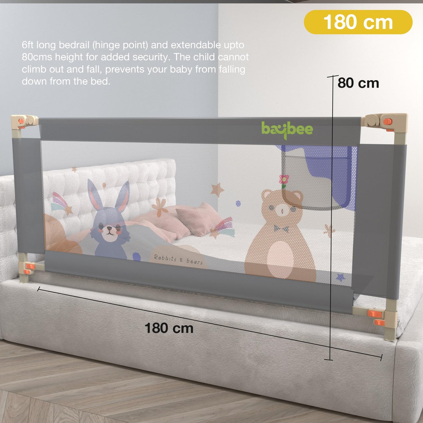 BAYBEE Baby Bed Rail Guard for Baby Safety with 28 Height Adjustable, Portable Bed Side Protector for Baby Falling | Foldable Single Side Bed Railing for Baby Toddler (1 Side, Grey, 180x80cm) 