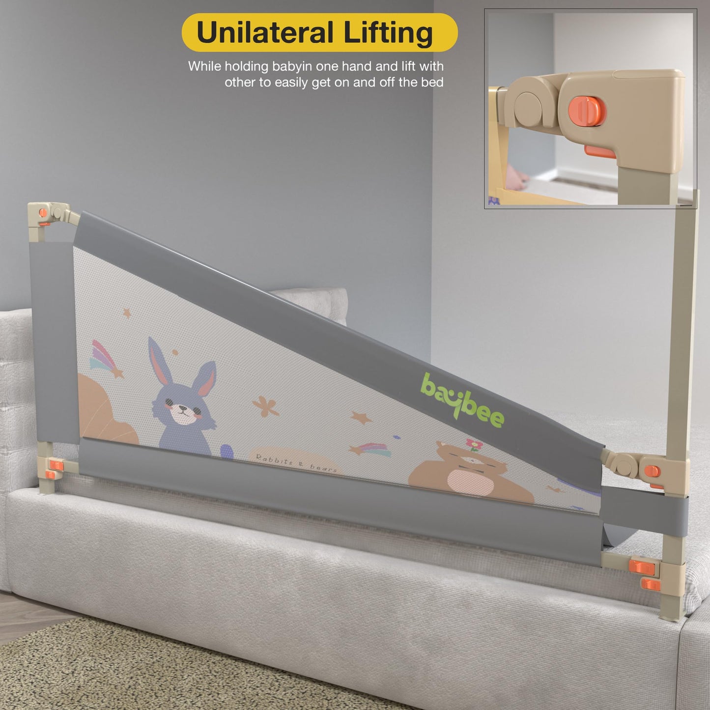 BAYBEE Baby Bed Rail Guard for Baby Safety with 28 Height Adjustable, Portable Bed Side Protector for Baby Falling | Foldable Single Side Bed Railing for Baby Toddler (1 Side, Grey, 180x80cm) 