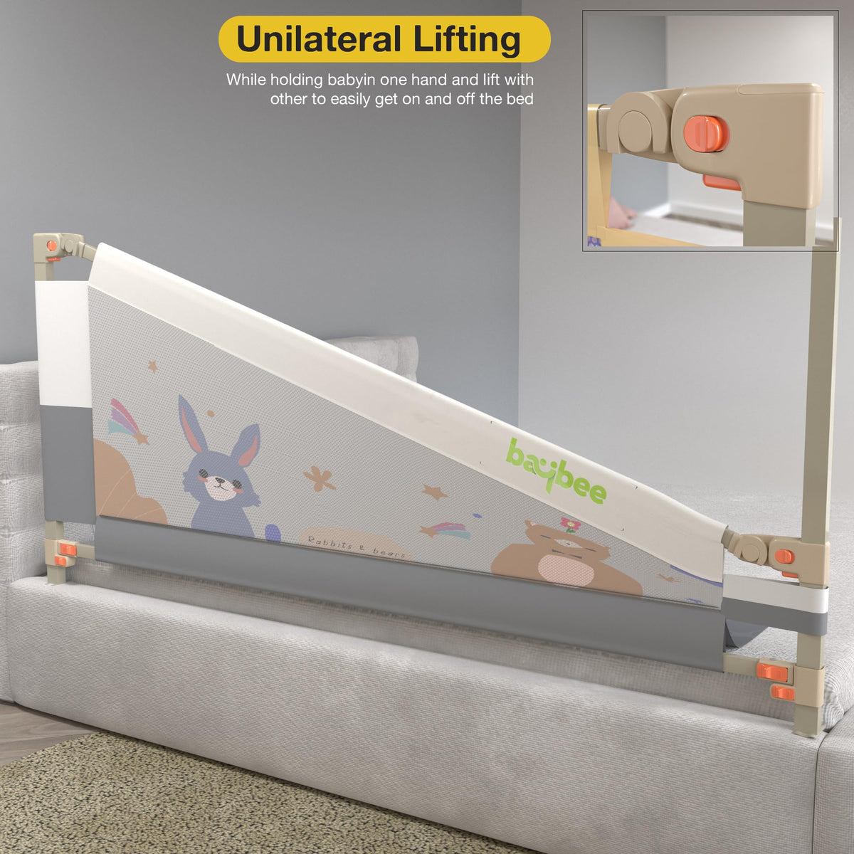 BAYBEE Baby Bed Rail Guard for Baby Safety with 28 Height Adjustable, Portable Bed Side Protector for Baby Falling | Foldable Single Side Bed Railing for Baby Toddler (1 Side, Grey/White, 150x80cm) 