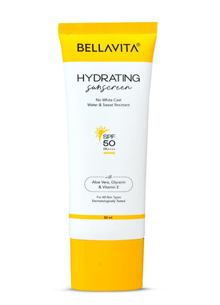 BELLAVITA Water based Hydrating Sunscreen, SPF 50, Lightweight PA+++, For All Skin Types, No White Cast, Non - Greasy Finish, UV Protection, Broad Spectrum, For Men & Women, 50ML 