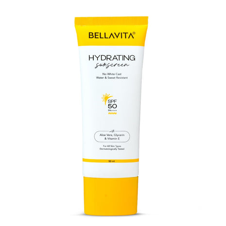 BELLAVITA Water based Hydrating Sunscreen, SPF 50, Lightweight PA+++, For All Skin Types, No White Cast, Non - Greasy Finish, UV Protection, Broad Spectrum, For Men & Women, 50ML 