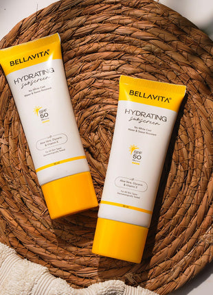 BELLAVITA Water based Hydrating Sunscreen, SPF 50, Lightweight PA+++, For All Skin Types, No White Cast, Non - Greasy Finish, UV Protection, Broad Spectrum, For Men & Women, 50ML 