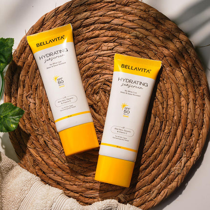 BELLAVITA Water based Hydrating Sunscreen, SPF 50, Lightweight PA+++, For All Skin Types, No White Cast, Non - Greasy Finish, UV Protection, Broad Spectrum, For Men & Women, 50ML 