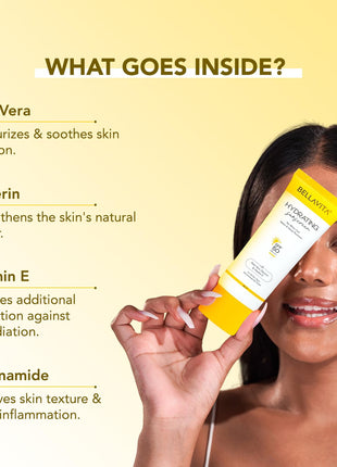 BELLAVITA Water based Hydrating Sunscreen, SPF 50, Lightweight PA+++, For All Skin Types, No White Cast, Non - Greasy Finish, UV Protection, Broad Spectrum, For Men & Women, 50ML 