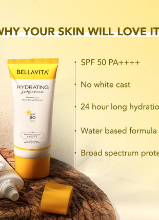 BELLAVITA Water based Hydrating Sunscreen, SPF 50, Lightweight PA+++, For All Skin Types, No White Cast, Non - Greasy Finish, UV Protection, Broad Spectrum, For Men & Women, 50ML 
