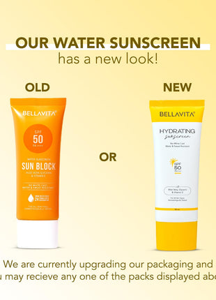 BELLAVITA Water based Hydrating Sunscreen, SPF 50, Lightweight PA+++, For All Skin Types, No White Cast, Non - Greasy Finish, UV Protection, Broad Spectrum, For Men & Women, 50ML 