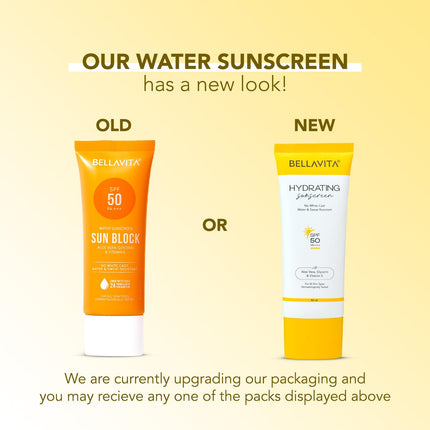 BELLAVITA Water based Hydrating Sunscreen, SPF 50, Lightweight PA+++, For All Skin Types, No White Cast, Non - Greasy Finish, UV Protection, Broad Spectrum, For Men & Women, 50ML 
