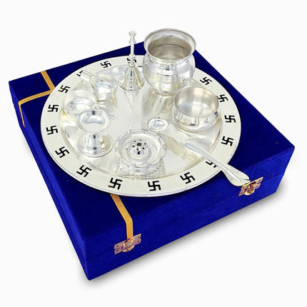 BENGALEN Pooja Thali Set Silver Plated with Blue Gift Box Designed Puja Plate Kalash Bowl Haldi Kumkum Stand Ghanti Dhup Dan Palli Diya for Home Office Diwali Wedding Return Gifts 